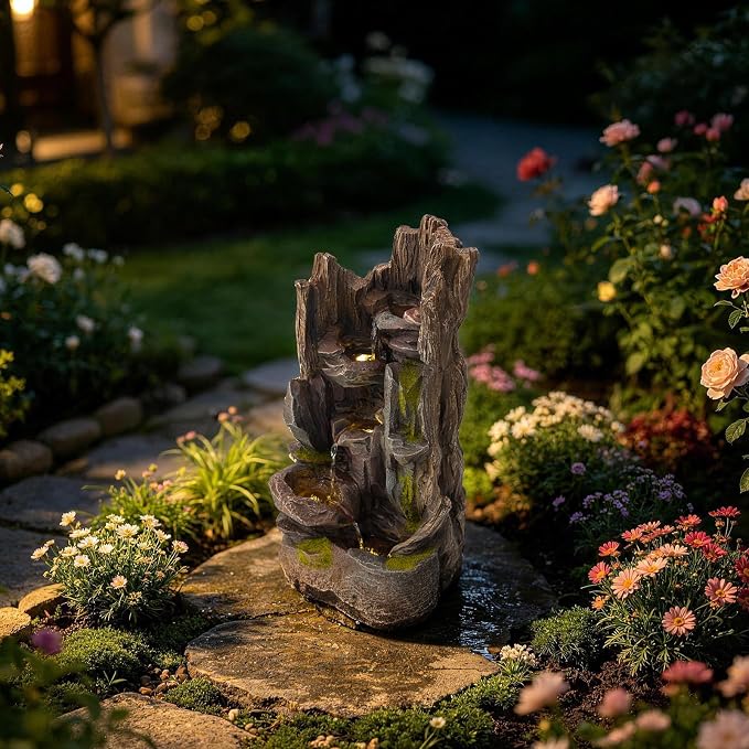 23.7" H Outdoor Garden Fountains, Cascading Rock Water Fountain Indoor, Freestanding Resin Water Feature for Patio, Backyard, Deck, Porch Home Decor