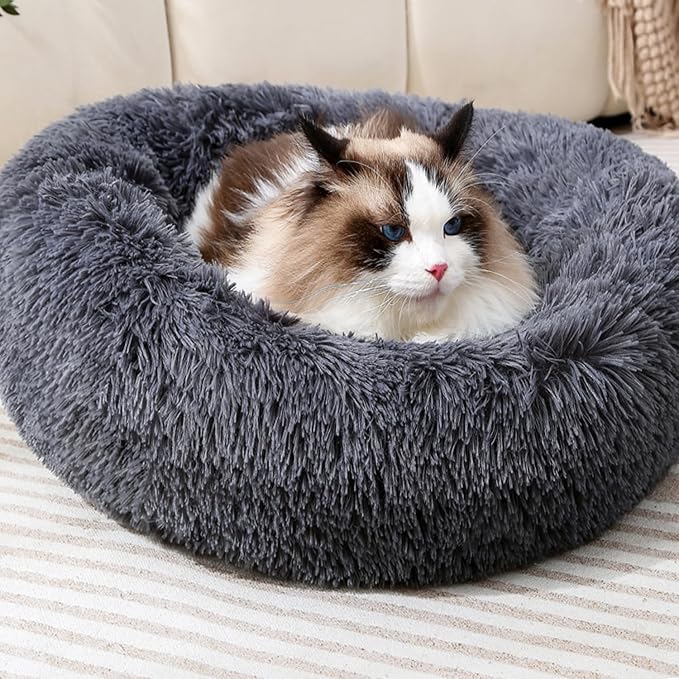 Calming Donut Cat Bed Dog Bed Round Plush Pet Bed Fluffy Rabbit Cave Warm Dog Couch Non Slip Bottom for Pets Furniture Up to 5KG