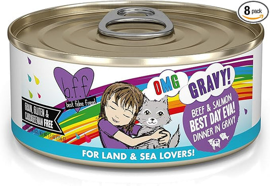 Weruva B.F.F. OMG - Best Feline Friend Oh My Gravy!, Best Day Eva! with Beef & Salmon in Gravy Cat Food, 5.5oz Can (Pack of 8)