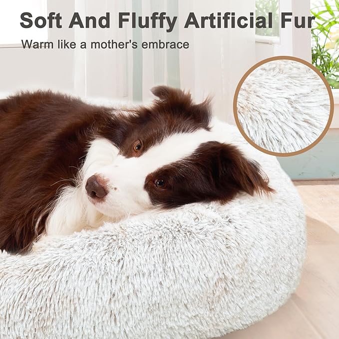 JOYELF Donut Dog Bed Cat Bed for Medium Dogs, Calming Pet Bed Ultra Soft Faux Fur Cuddler Round Self Warming Sleeping Bed for Dogs and Cats