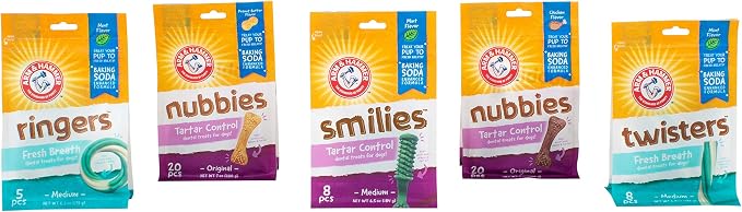 Arm & Hammer for Pets Nubbies Dental Treats Baking Soda Calcium Dog Dental Chews Nubbed Texture Scrubs Plaque Tartar Chicken Flavor 20 Count 7 OZ 4 Pack