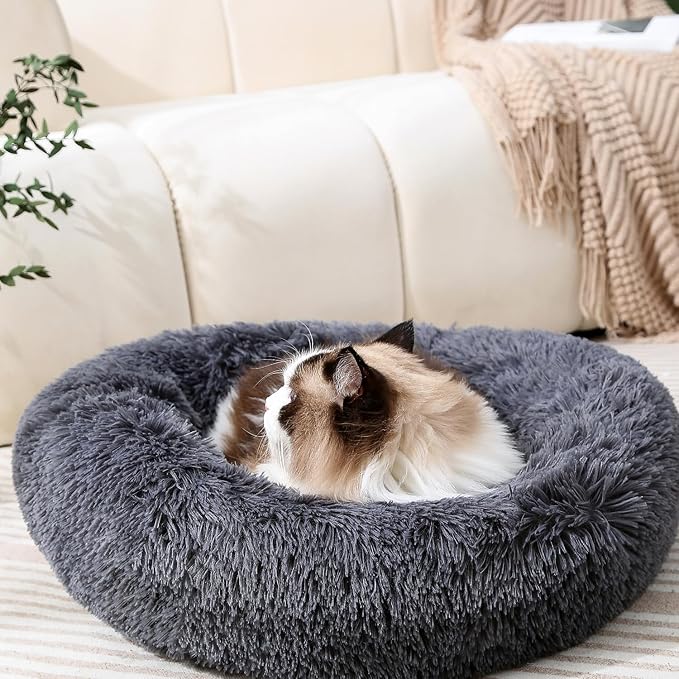 Calming Donut Cat Bed Dog Bed Round Plush Pet Bed Fluffy Rabbit Cave Warm Dog Couch Non Slip Bottom for Pets Furniture Up to 5KG