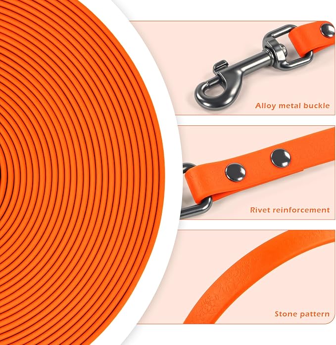WOLFONE Waterproof PVC Dog Leash Long Training Lead 10FTHeavy Duty Tangle-Free Nylon Core Easy Clean Rubber Coated Leash for Small Medium Large Dogs Outdoor Training