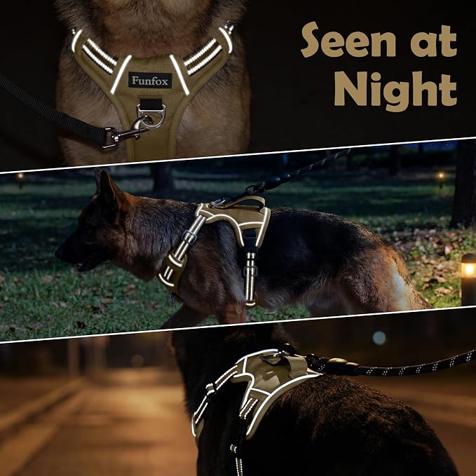 Funfox Dog Harness No Pull, Adjustable Pet Vest Harness, Super Soft Material with Vertical Handle Easy Control, Reflective Night Walking, 2 Leash Clips for Small Sized Dogs, Brown, S