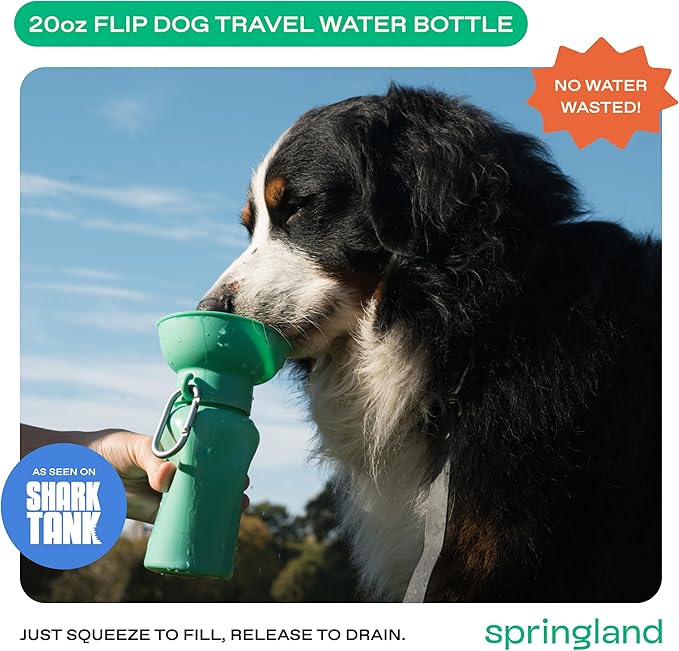 Springer Flip Dog Water Bottle | Portable Drinking Feeder with Foldable Food-Grade Silicone Bowl | One-Hand Squeeze & Leak-Proof | BPA-Free 20oz | Walking, Hiking & Camping | Puppy Essentials