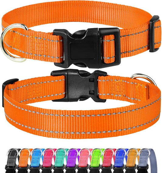 FunTags Length 14" - 20" Reflective Orange Dog Collar for Medium Dogs – Night Walking & Training Safety, Durable Quick Release Buckle, Nylon, Comfortable Adjustable, Width 1"