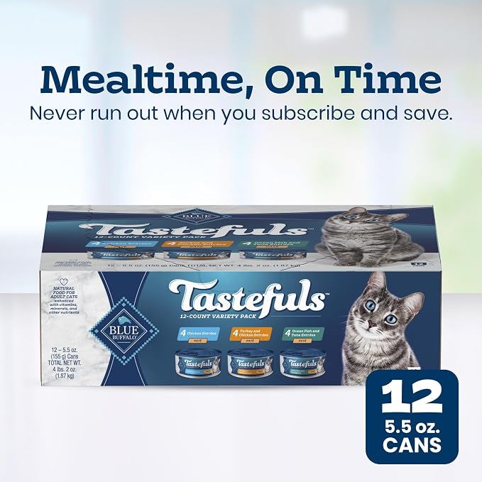 Blue Buffalo Tastefuls Wet Cat Food Paté Variety Pack (Chicken, Turkey & Chicken, Ocean Fish & Tuna) for Adult Cats, Made with Natural Ingredients, 5.5-oz. Each (12 Cans)