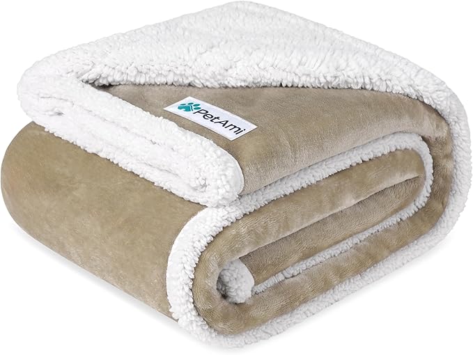 PetAmi Waterproof Dog Blanket for Couch, Large 60x40, Pee Proof Sherpa Fleece Reversible Pet Throw, Furniture Protector for Bed Sofa Kennel, Soft Washable Cover for Medium Dogs Cats, Taupe
