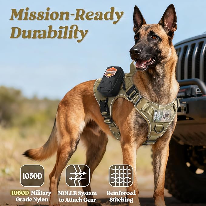 rabbitgoo Tactical Dog Harness Small Sized, No Pull Upgraded Reflective Heavy Duty Molle Vest with Handle, Adjustable Military Service Dog Vest for Walking Hiking Training, Brown, S