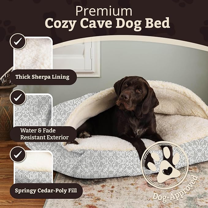 Snoozer Rectangle Cozy Cave Dog Bed - Indoor Dog Bed with Cover Cave, Covered Calming Burrow for Large Sized Pets with Blanket Attached, Enclosed, Washable Cover - XL, Ramey Gray