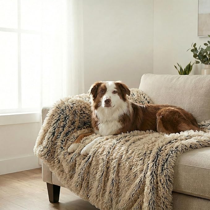 PJYuCien Dog Blanket for Dogs, Puppies and Pets, Lightweight & Portable Fluffy Fleece Throw, Super Soft Plush Cat Blanket for Couch/Car Seat/Furniture, Machine Washable, 50"x60", Beige