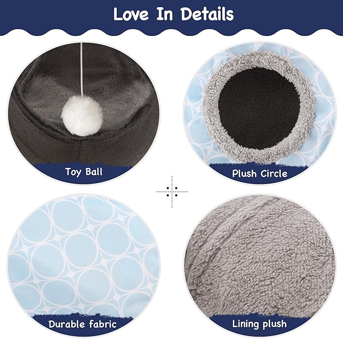 Tempcore Cat Tunnel for Indoor Cats, 3 Way Collapsible Pet Play Tunnel with Teaser Wand, Peek Holes & Hanging Ball, Interactive Tube for Kittens & Rabbits, Geometry Blue