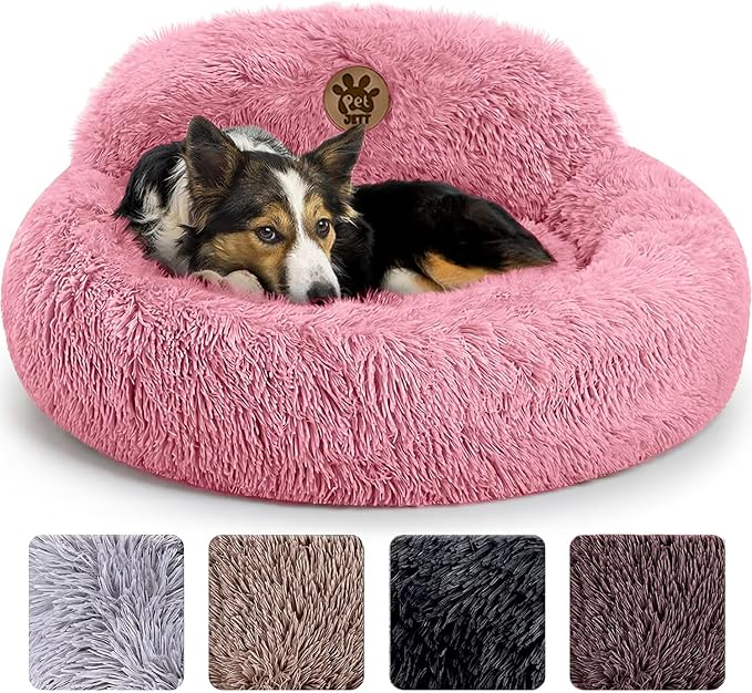 PetJett Calming Medium Dog Bed - 30'' Round Dog Beds, Anti-Slip & Washable Super Soft Fluffy Plush Donut Bed, Anti-Anxiety Premium Comfort Pet Bed, Fits Dogs up to 45 lbs - Pink