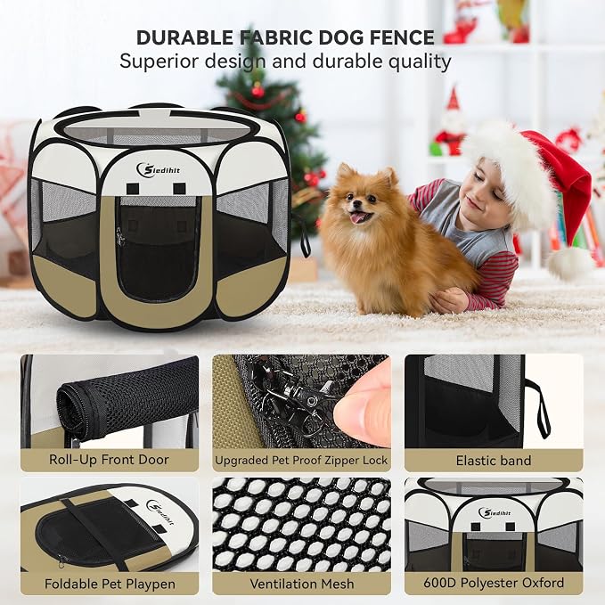 Siedihit Dog Cat Playpen, Medium Puppy Pet Playpen, Dog Crate Tent Cage Indoor/Outdoor, Portable Pop Up Dogs Kennel Playpen with Carrying Case for Dogs/Cats/Rabbits (Khaki,Medium)