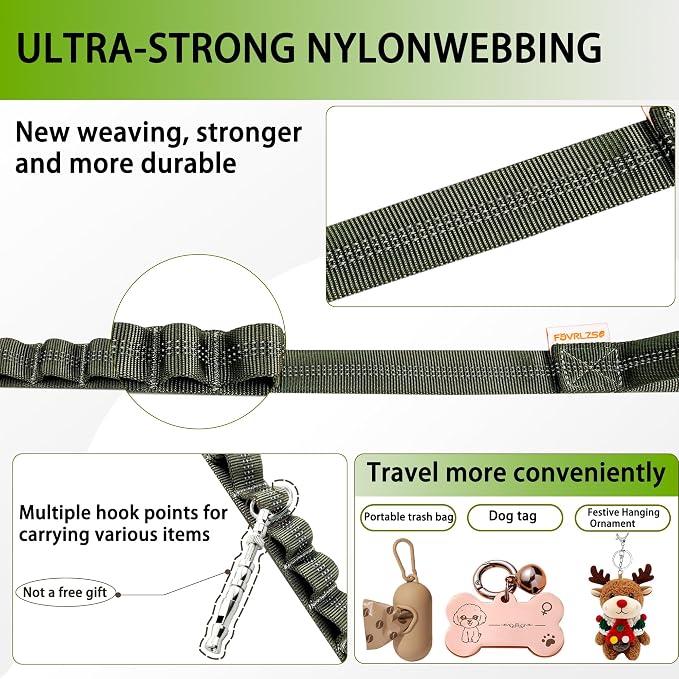 FOVRLZSE Reflective Bungee Dog Leash for Small Medium Large Dogs - 4FT to 5FT Adjustable Shock Absorbing Leash with Double Padded Handle & 360 No Tangle Metal Clasp (Olive Green)