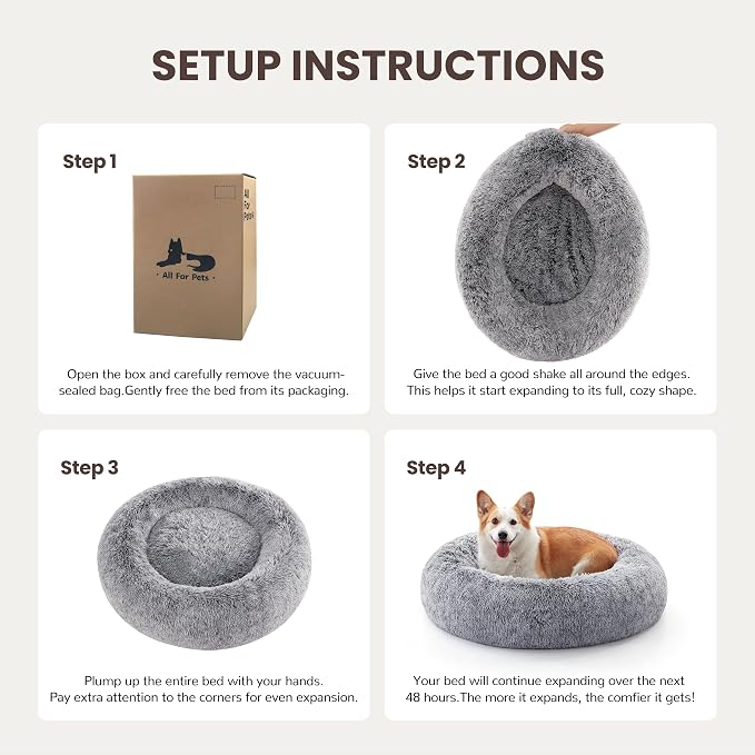 Donut Dog Bed Medium Size Dog, Round Cat Beds for Small Medium Dogs and Cats with Washable Fluffy Faux Fur, Cute Comfort Pet Bed with Anti-Slip Bottom, Grey, 20"