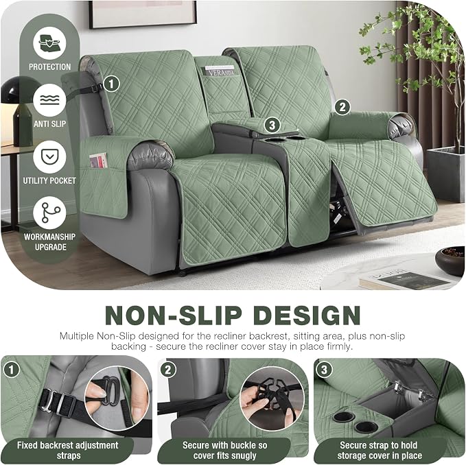 TAOCOCO Loveseat Recliner Cover with Center Console, 100% Waterproof Pet Cover for Dual Recliner with Straps Design, Split Reclining Loveseat Covers Furniture Pet&Kids Protector (2 Seater, Sage Green)