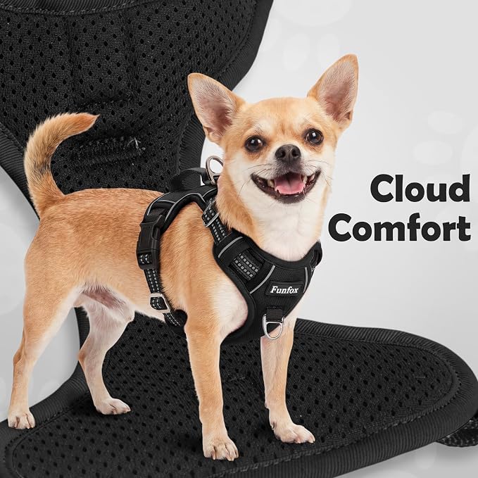 Funfox Dog Harness Small Sized Dog, Vertical Handle Easy Control, No Pull Pet Vest Adjustable with 2 Leash Clips, Soft Material, Reflective Safe Night Walking for Small Medium Large Breed, Black, S