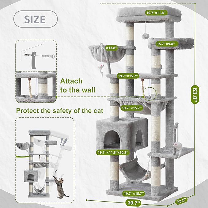 Gitelsnour Cat Tree, Cat Tower for Large Cats with 2 Big Platforms, 2 Baskets, condo and Toys, 63" Cat Scratching Posts for Indoor Cats, Light Gray GCT020W