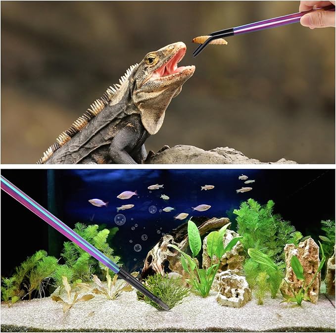 2PCS Stainless Steel Reptile Feeding Tongs with Rubber Tip, 10.6" Straight & Curved Long Tweezers, Perfect for Aquariums & Crafts - Ideal Bearded Dragon & Snake Tank Accessories, Terrarium Supplies