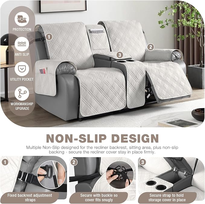 TAOCOCO Loveseat Recliner Cover with Console, Non-Slip Split Reclining Pet Cover for Dual Loveseat Recliner, Furniture Protector with Elastic Straps (2 Seater, Off White)