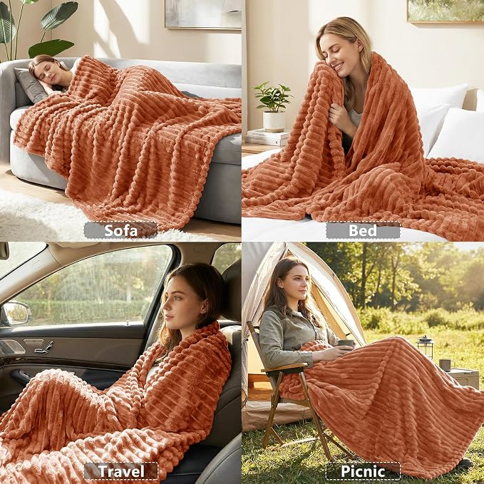 HIMEET Fleece Burnt Orange Queen Blanket for Bed - 300GSM Ribbed Soft Cozy Bedding Blanket, House Warming Gifts New Home, Luxury Aesthetic Bedroom Decor Throws, 90x90 Inches