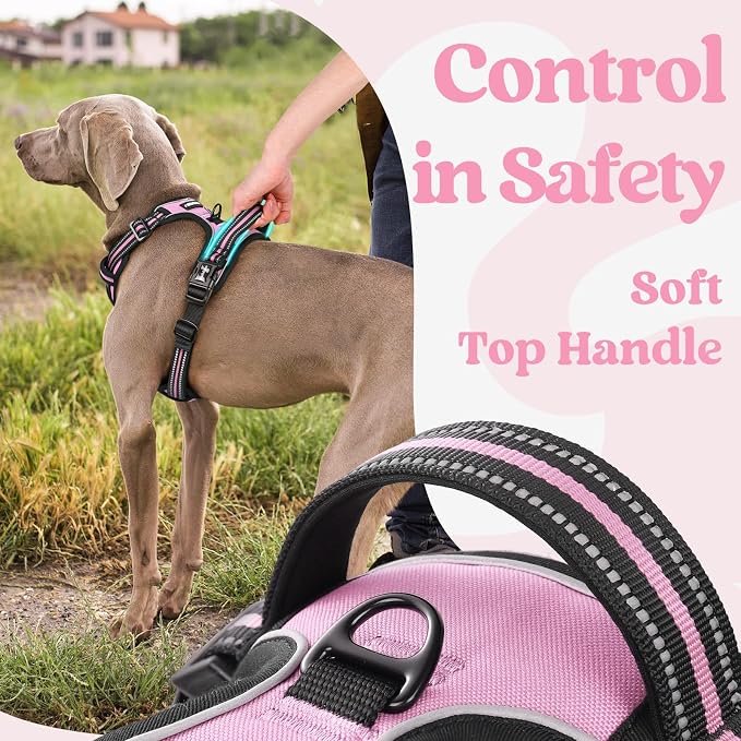 rabbitgoo Dog Harness for Large, No Pull Easy On & Off with 3 Buckles Pet Harness, Adjustable Soft Walking Vest with 2 Clips and Handle, Reflective for Extra Large Dogs, Pink, XL