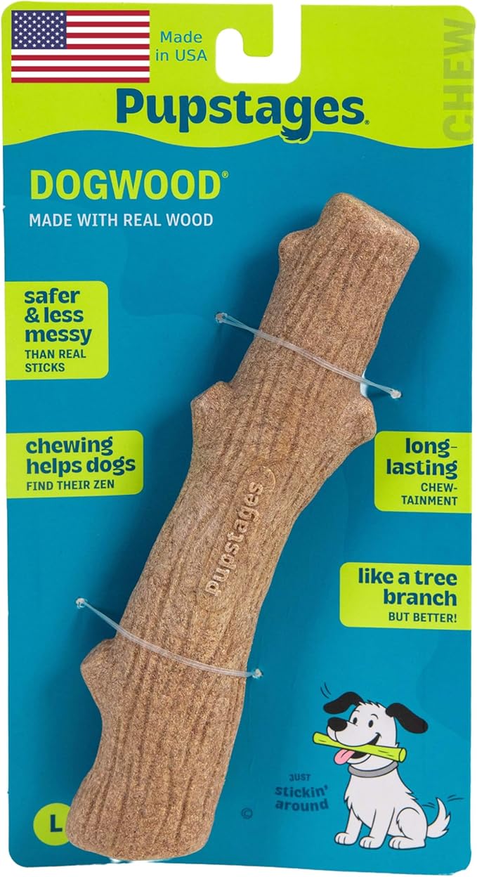 Pupstages Dogwood Dog Chew Toy, Made in the USA – Real-Wood Blend, Natural Flavor & Texture, Moderate Chewers, Large, 8"
