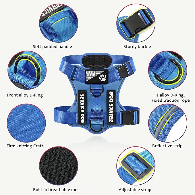 Service Dog Harness, Reflective Dog Vest Harness with 5 PCS Patches, Adjustable Soft Oxford Pet Harness, Inner Layer Mesh, Easy to Control for Small Medium Large Dogs