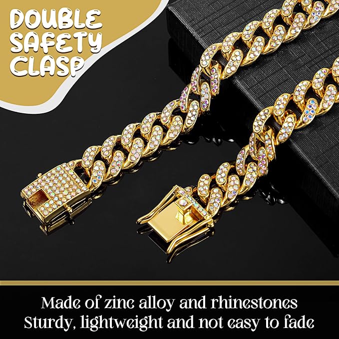 LEIFIDE Dog Chain Collar Diamond Link Puppy Collar 12 mm Wide Dog Necklace Metal Cat Chain Pet Crystal Necklace Jewelry Accessories for Small Medium Large Pet(20 Inch,Gold, AB Color)