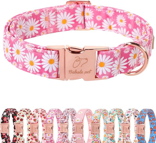 Pink Daisy Dog Collar, Cute Spring Flower Female Pet Collar with Metal Buckle, Soft Adjustable Designer Dog Collars for Small Medium Large Dogs XS