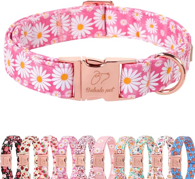 Pink Daisy Dog Collar, Cute Spring Flower Female Pet Collar with Metal Buckle, Soft Adjustable Designer Dog Collars for Small Medium Large Dogs XL