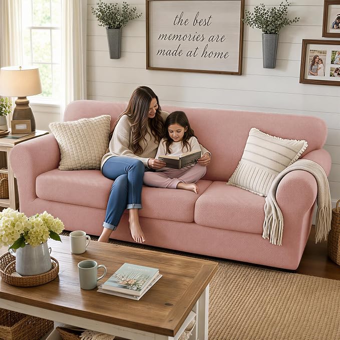 XINEAGE New 4 Pieces Couch Covers for 3 Cushion Couch Super Stretch Thick Soft Sofa Cover Anti Slip Sofa Slipcover Dogs Cats Furniture Protector (Dusty Pink, 71"-91")