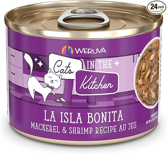 Weruva Cats in The Kitchen, La Isla Bonita with Mackerel & Shrimp Au Jus Cat Food, 6oz Can (Pack of 24)