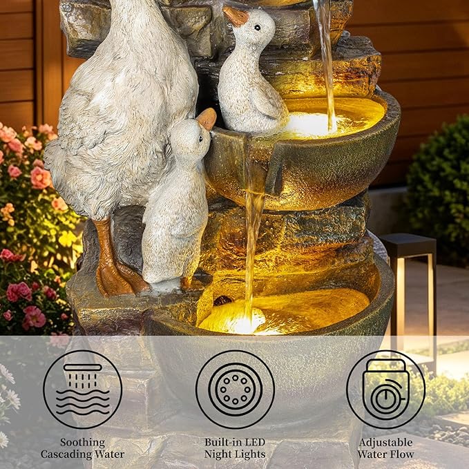 31.5" H Duck Outdoor Water Fountain, 4-Tier Cascading Garden Fountain with LED Light, Resin Waterfalls for Patio, Backyard, Yard, Porch, Front Door