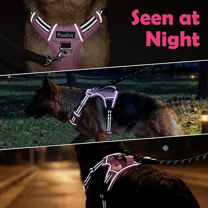 Funfox Dog Harness No Pull, Adjustable Pet Vest Harness, Super Soft Material with Vertical Handle Easy Control, Reflective Night Walking, 2 Leash Clips for Medium Sized Dogs, Pink, M