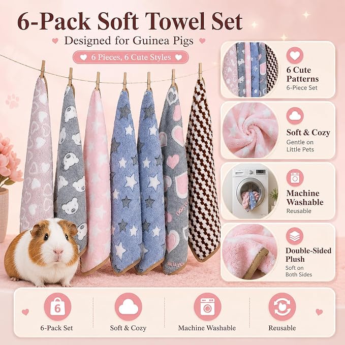 Grddaef Guinea Pig Fleece Blankets 6 Pieces Waterproof & Washable Small Animal Cage Liners Sleep Mat Bedding Pad for Hamster Chinchilla Rabbit Hedgehog (S-7.9 x 7.9 Inch)