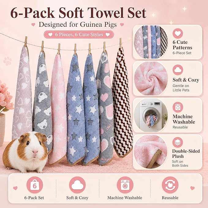 Grddaef Guinea Pig Fleece Blankets 6 Pieces Waterproof & Washable Small Animal Cage Liners Sleep Mat Bedding Pad for Hamster Chinchilla Rabbit Hedgehog (M-24 x 16 Inch)