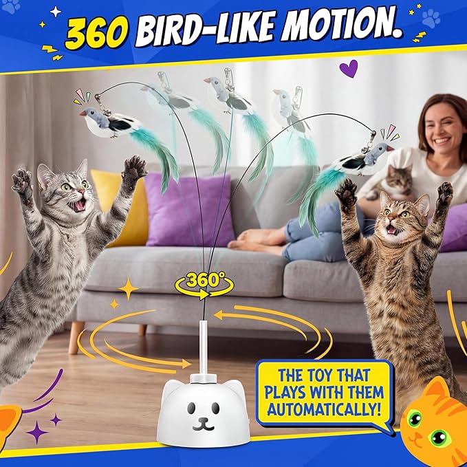 CATPICK Interactive Cat Toys for Indoor Cats - Automatic Flying Bird Feather Toy, USB Rechargeable Electric Cat Teaser with Strong Sticky Base, Smart Motion Self-Play Toy for Bored Cats(Green)