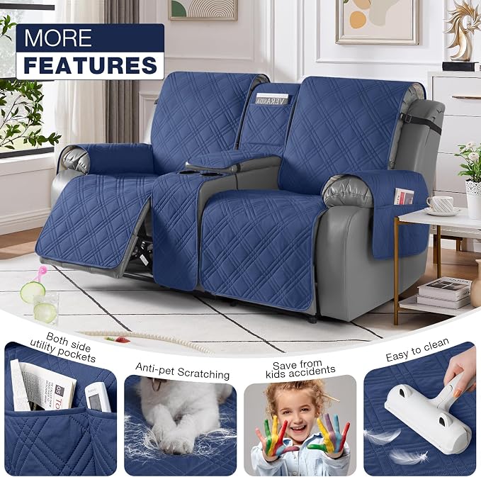 TAOCOCO Loveseat Recliner Cover with Center Console, 100% Waterproof Pet Cover for Dual Recliner with Straps Design, Split Reclining Loveseat Covers Furniture Pet&Kids Protector (2 Seater, Ocean Blue)