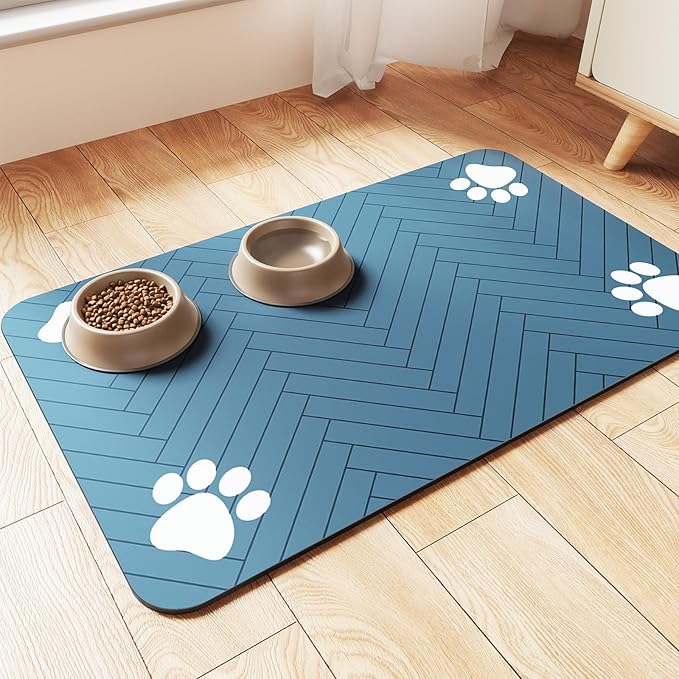 Pet Feeding Mat-Absorbent Pet Placemat for Food and Water Bowl, with Waterproof Rubber Backing, Quick Dry Water Dispenser Mat for Dog and Cat (32"x22", Blue)