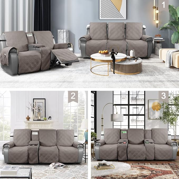 TAOCOCO 100% Waterproof Recliner Couch Covers with Console, Sofa Covers for Reclining Sofa 3 Seat with Straps Design, Split Recliner Sofa Cover Furniture Pets Kids Protector (3 Seater, Light Brown)