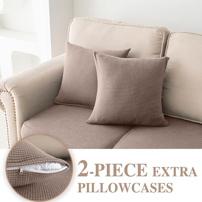 LA MEACK Couch Cushion Covers for Sectional Sofa L Shape Washable Separate Seat Chaise Couch Cover Stretch Sofa Slipcovers with 2 Pcs Pillowcases(2 Seater + 1 Chaise, Khaki)