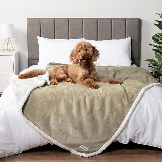 PetAmi Waterproof Dog Blanket for Couch, Queen 90x90, Pee Proof Sherpa Fleece Reversible Pet Throw, Furniture Protector for Bed Sofa, Soft Washable Cover for Large Dogs Cats, Taupe