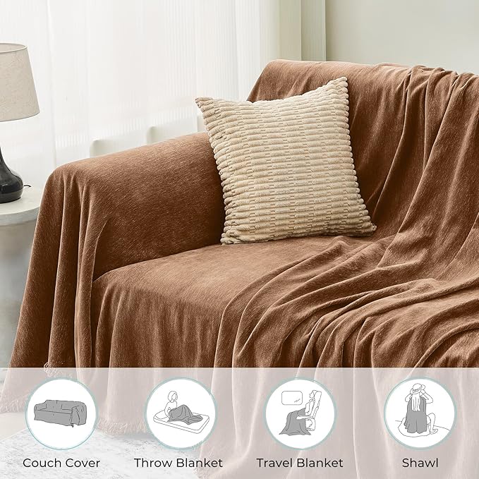 CAPALOCA Sectional Couch Covers, 2 Pieces Chenille Sofa Cover L Shaped Couch Cover Blanket for Dogs Washable Sofa Slipcovers Pet Furniture Protector (Large: 71" x 102" + 71" x 110", Brown)