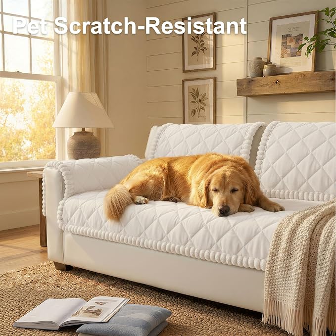 Smiry Couch Cover for Dogs, Non Slip Washable Pet Sofa Protector for Large Dogs, Cats, Fuzzy Plush Sofa Covers for 2 Cushion Couch, Against Fur, Dirt & Scratch Resistant, White, 27.6"×47"
