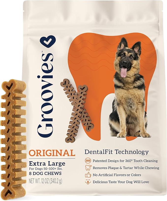 Groovies Flexible Dog Dental Chews with Patented DentalFit Technology to Help Support Tartar Control & Fresh Breath, XLarge Dog Chews for 50-100 lb Dogs, USA Manufactured Oral Care, 8 Chews