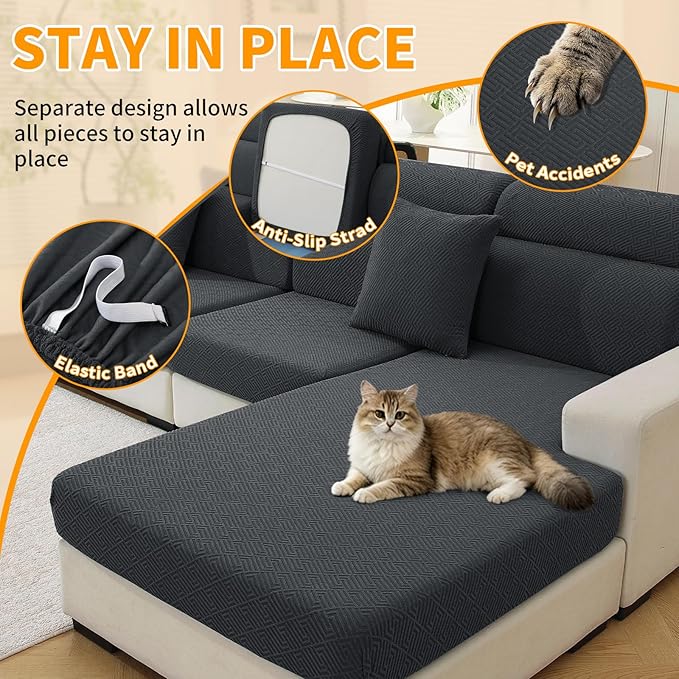 XINEAGE Couch Cushion Covers Seat Cushion Cover Thick Stretch Sofa Slipcovers 3 Piece Individual Couch Covers with Elastic Bottom(3 Seat Cushion/Backrest,Dark Gray)