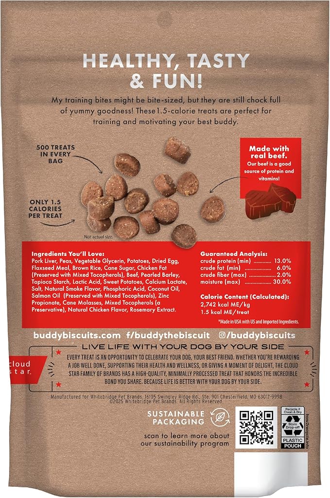 Buddy Biscuits Trainers Training Bites Soft & Chewy Dog Treats, Beef, 10 oz. Pouch