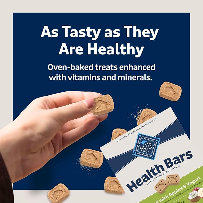 Blue Buffalo Mini Health Bars Apples & Yogurt Crunchy Dog Biscuits, Bite-Sized for Training, Oven-Baked with Real Apples & Natural Ingredients, Healthy Dog Treats, Box 2 lbs.